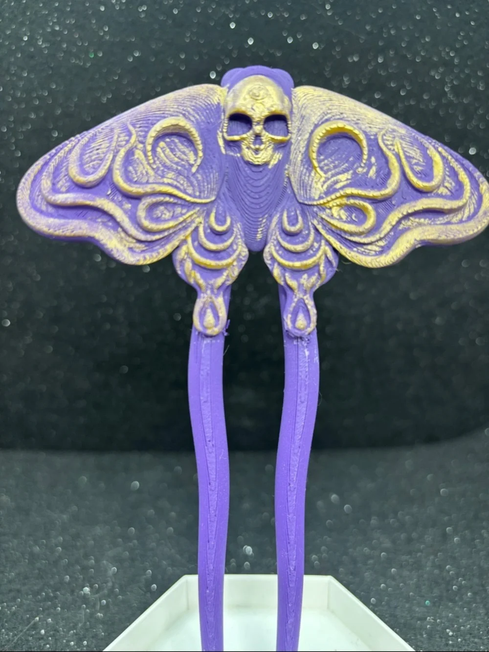 Skull Moth Hair Pin | Hand Painted Purple & Gold Gothic Hair Pin